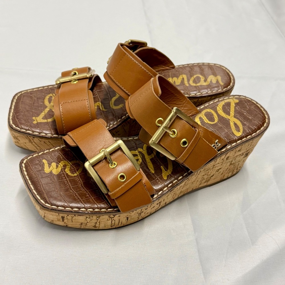 Sam Edelman Anna Leather Cork Wedge Sandals Gold Buckle Platform Square Toe 7.5